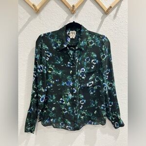 Haute Hippie Women’s Semi Sheer Green and Blue Floral Print Top